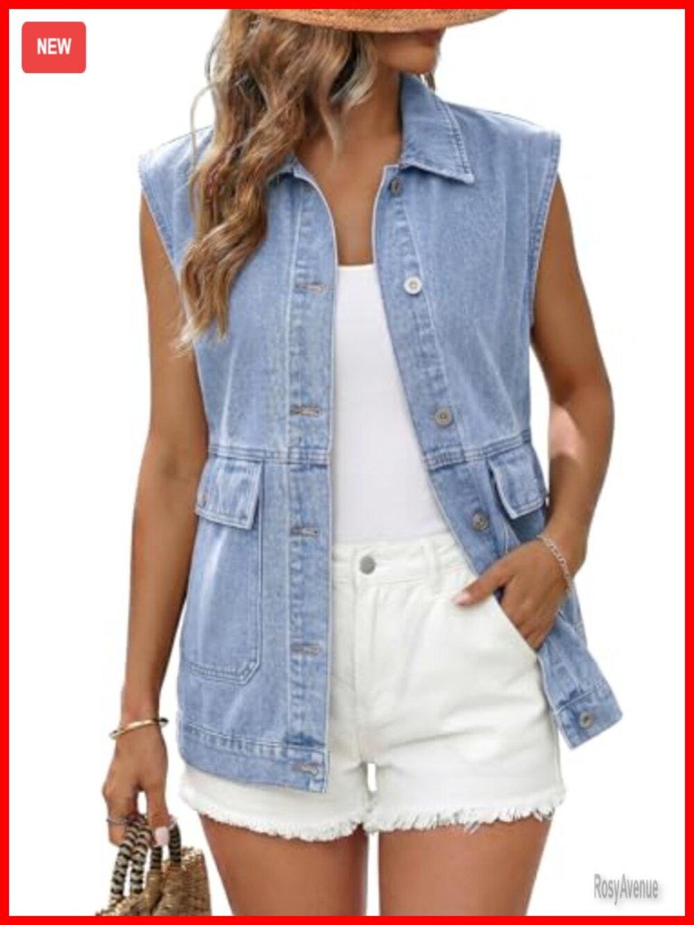 Sleeveless Denim Vest with Pockets Cotton Blend Button Front Casual